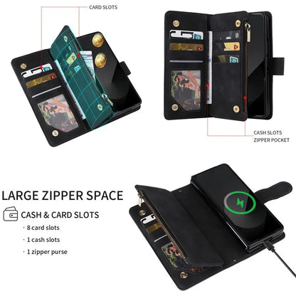 For Samsung Galaxy Z Fold6 5G Case Zipper Pocket Leather Phone Cover with Shoulder Strap