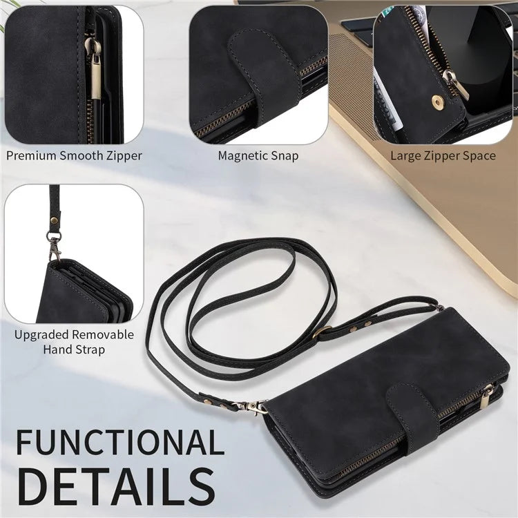 For Samsung Galaxy Z Fold6 5G Case Zipper Pocket Leather Phone Cover with Shoulder Strap