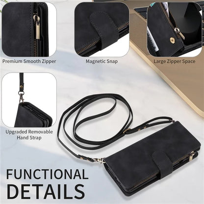 For Samsung Galaxy Z Fold6 5G Case Zipper Pocket Leather Phone Cover with Shoulder Strap