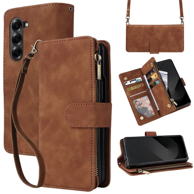 For Samsung Galaxy Z Fold6 5G Case Zipper Pocket Leather Phone Cover with Shoulder Strap