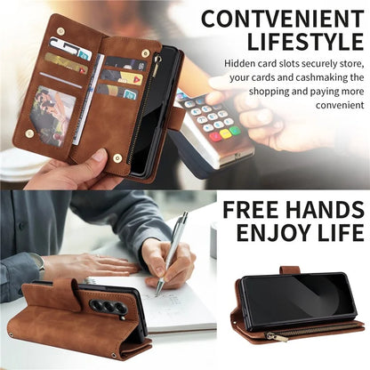 For Samsung Galaxy Z Fold6 5G Case Zipper Pocket Leather Phone Cover with Shoulder Strap