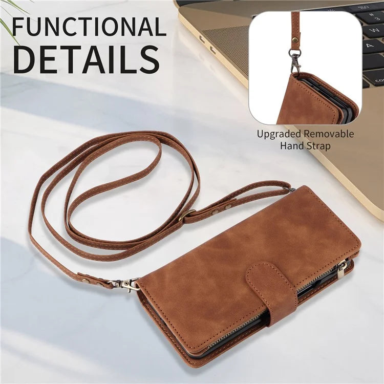 For Samsung Galaxy Z Fold6 5G Case Zipper Pocket Leather Phone Cover with Shoulder Strap