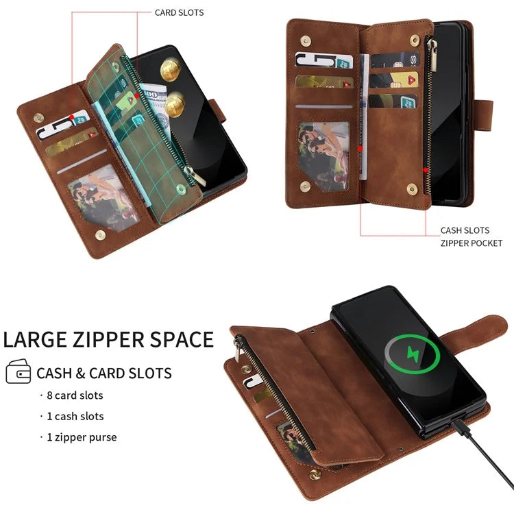 For Samsung Galaxy Z Fold6 5G Case Zipper Pocket Leather Phone Cover with Shoulder Strap