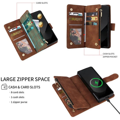 For Samsung Galaxy Z Fold6 5G Case Zipper Pocket Leather Phone Cover with Shoulder Strap