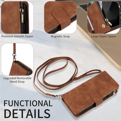 For Samsung Galaxy Z Fold6 5G Case Zipper Pocket Leather Phone Cover with Shoulder Strap