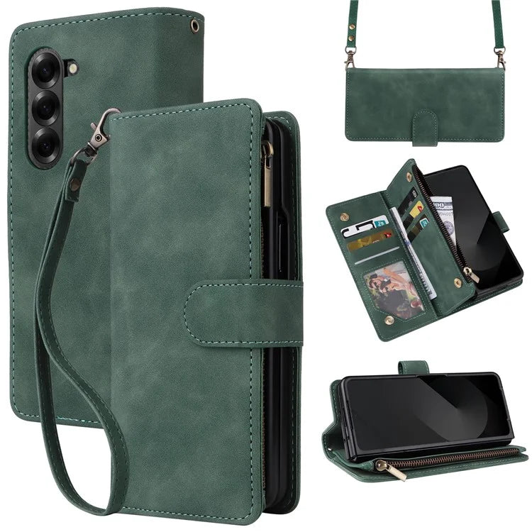 For Samsung Galaxy Z Fold6 5G Case Zipper Pocket Leather Phone Cover with Shoulder Strap