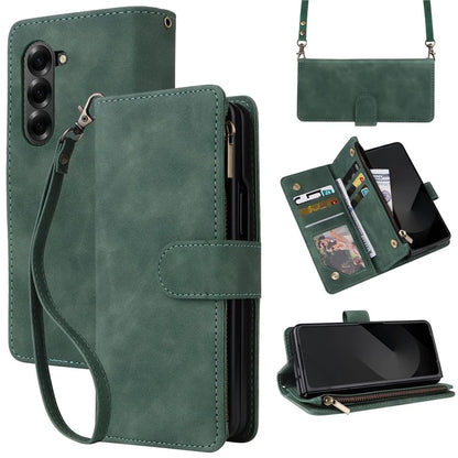For Samsung Galaxy Z Fold6 5G Case Zipper Pocket Leather Phone Cover with Shoulder Strap