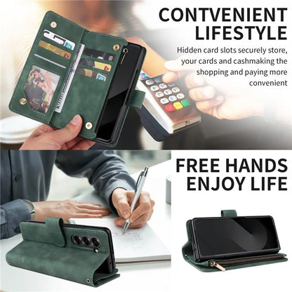 For Samsung Galaxy Z Fold6 5G Case Zipper Pocket Leather Phone Cover with Shoulder Strap