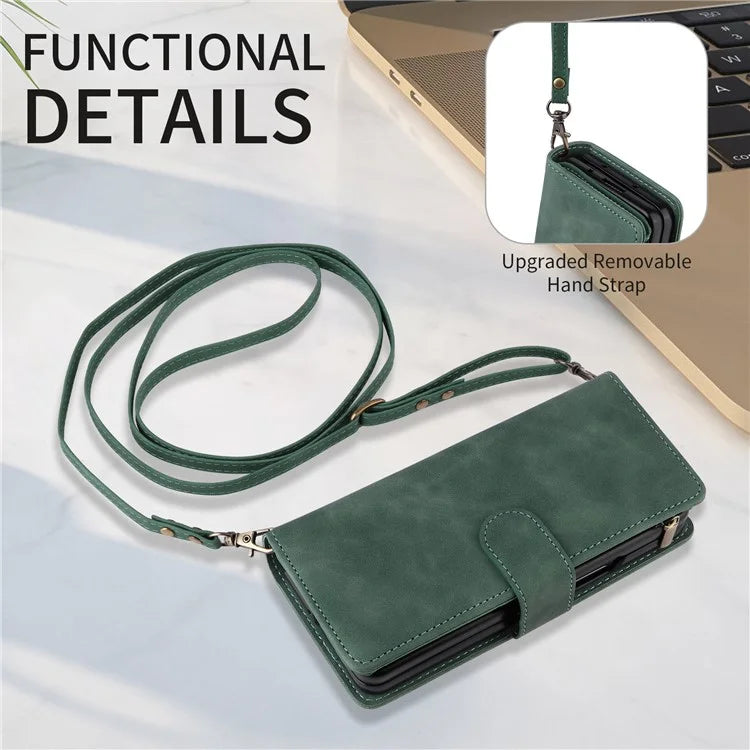 For Samsung Galaxy Z Fold6 5G Case Zipper Pocket Leather Phone Cover with Shoulder Strap