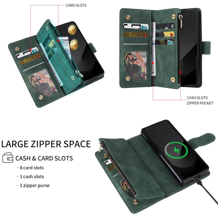 For Samsung Galaxy Z Fold6 5G Case Zipper Pocket Leather Phone Cover with Shoulder Strap