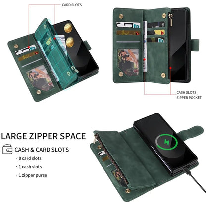 For Samsung Galaxy Z Fold6 5G Case Zipper Pocket Leather Phone Cover with Shoulder Strap