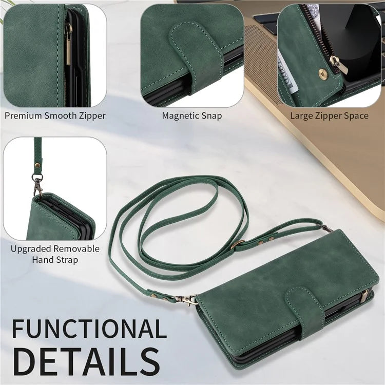 For Samsung Galaxy Z Fold6 5G Case Zipper Pocket Leather Phone Cover with Shoulder Strap