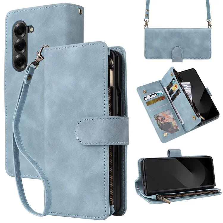 For Samsung Galaxy Z Fold6 5G Case Zipper Pocket Leather Phone Cover with Shoulder Strap