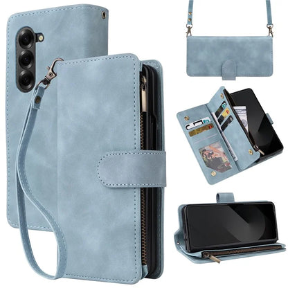 For Samsung Galaxy Z Fold6 5G Case Zipper Pocket Leather Phone Cover with Shoulder Strap