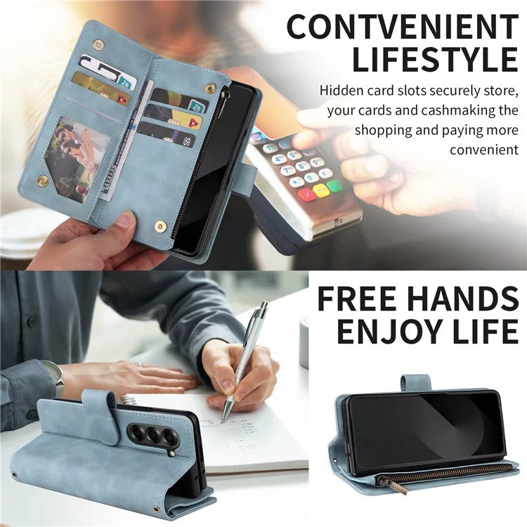 For Samsung Galaxy Z Fold6 5G Case Zipper Pocket Leather Phone Cover with Shoulder Strap