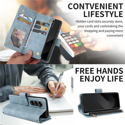 For Samsung Galaxy Z Fold6 5G Case Zipper Pocket Leather Phone Cover with Shoulder Strap