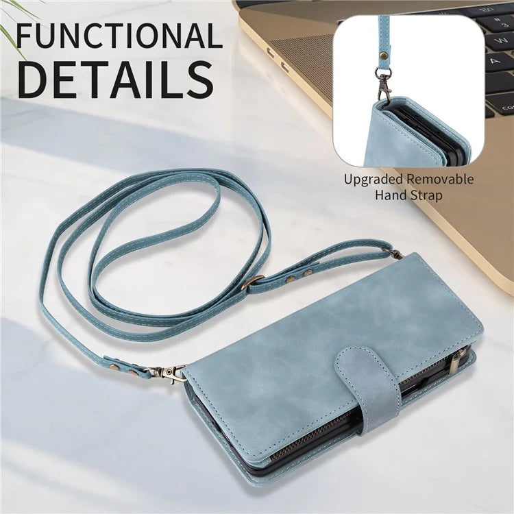For Samsung Galaxy Z Fold6 5G Case Zipper Pocket Leather Phone Cover with Shoulder Strap