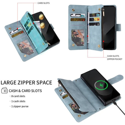 For Samsung Galaxy Z Fold6 5G Case Zipper Pocket Leather Phone Cover with Shoulder Strap