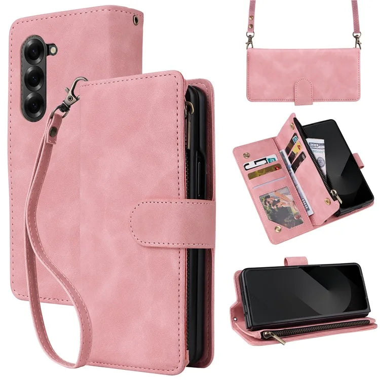 For Samsung Galaxy Z Fold6 5G Case Zipper Pocket Leather Phone Cover with Shoulder Strap