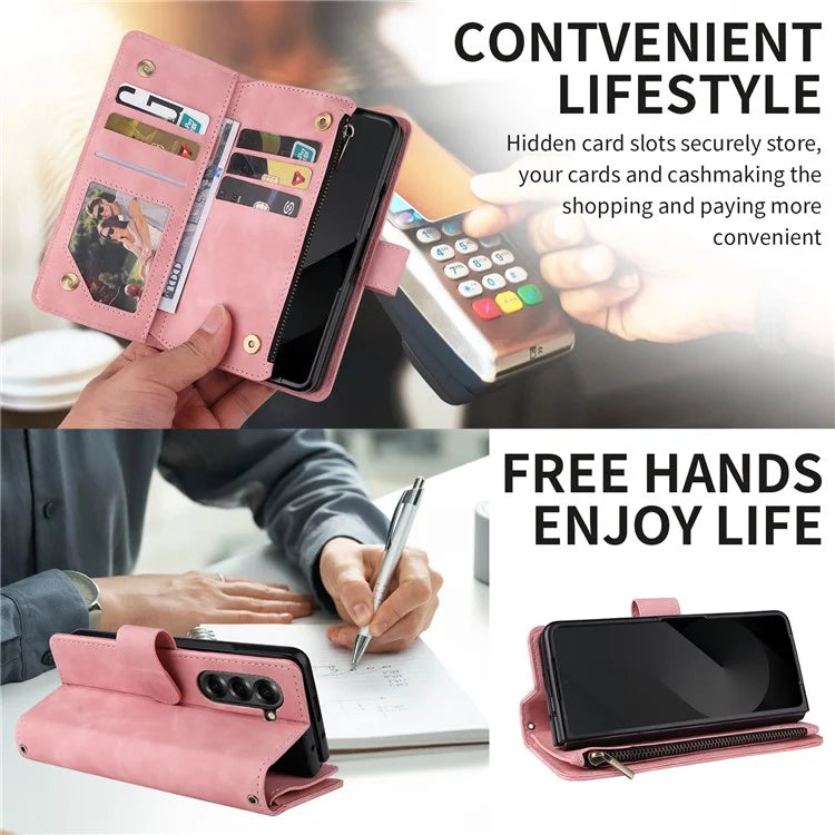 For Samsung Galaxy Z Fold6 5G Case Zipper Pocket Leather Phone Cover with Shoulder Strap