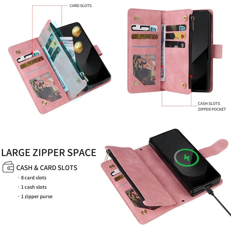 For Samsung Galaxy Z Fold6 5G Case Zipper Pocket Leather Phone Cover with Shoulder Strap