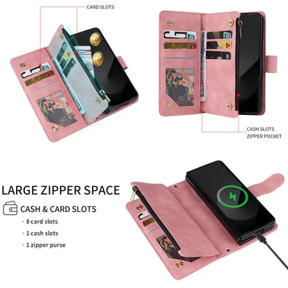 For Samsung Galaxy Z Fold6 5G Case Zipper Pocket Leather Phone Cover with Shoulder Strap