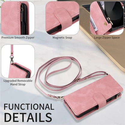 For Samsung Galaxy Z Fold6 5G Case Zipper Pocket Leather Phone Cover with Shoulder Strap
