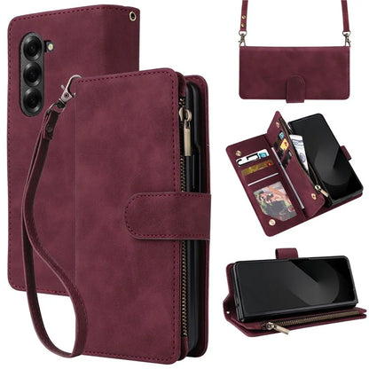 For Samsung Galaxy Z Fold6 5G Case Zipper Pocket Leather Phone Cover with Shoulder Strap