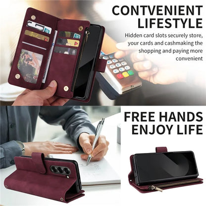 For Samsung Galaxy Z Fold6 5G Case Zipper Pocket Leather Phone Cover with Shoulder Strap