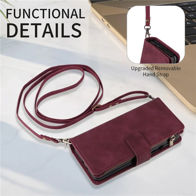 For Samsung Galaxy Z Fold6 5G Case Zipper Pocket Leather Phone Cover with Shoulder Strap