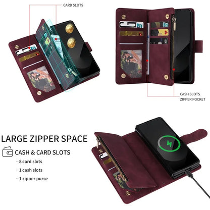 For Samsung Galaxy Z Fold6 5G Case Zipper Pocket Leather Phone Cover with Shoulder Strap