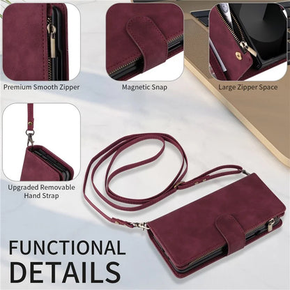 For Samsung Galaxy Z Fold6 5G Case Zipper Pocket Leather Phone Cover with Shoulder Strap