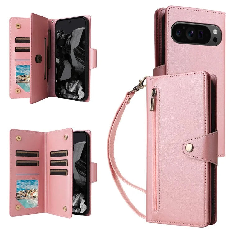 For Google Pixel 9 Pro Case Zipper Wallet Leather Stand Phone Cover Rivet Decor