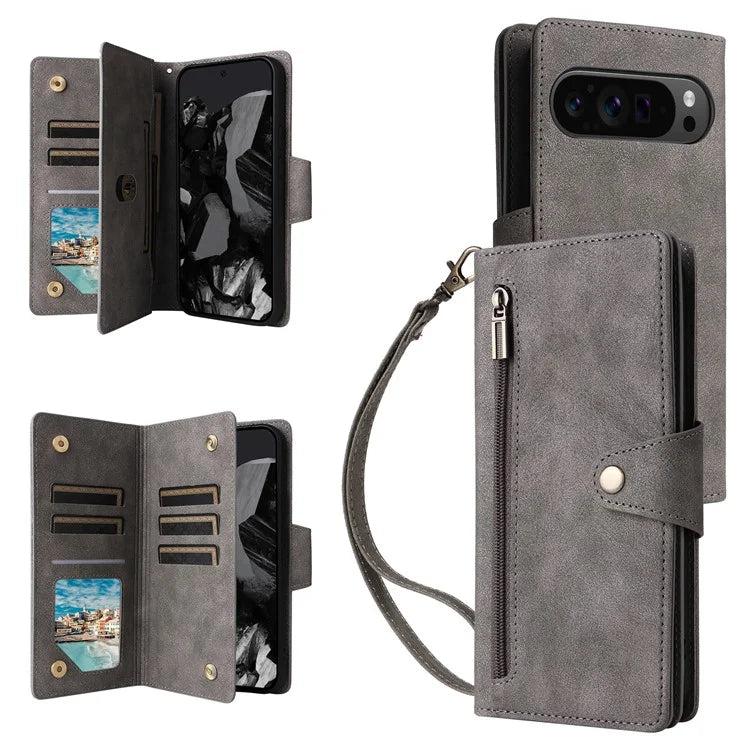 For Google Pixel 9 Pro Case Zipper Wallet Leather Stand Phone Cover Rivet Decor