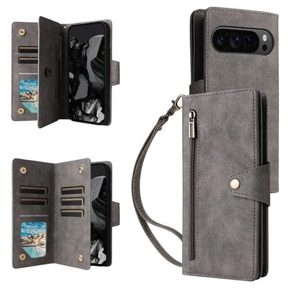 For Google Pixel 9 Pro Case Zipper Wallet Leather Stand Phone Cover Rivet Decor