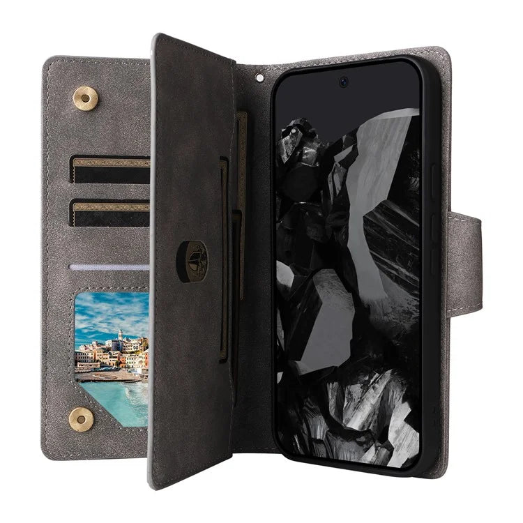 For Google Pixel 9 Pro Case Zipper Wallet Leather Stand Phone Cover Rivet Decor