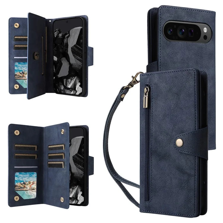 For Google Pixel 9 Pro Case Zipper Wallet Leather Stand Phone Cover Rivet Decor