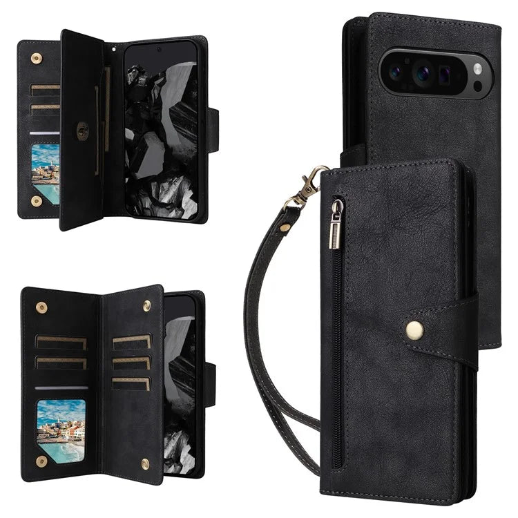 For Google Pixel 9 Pro Case Zipper Wallet Leather Stand Phone Cover Rivet Decor