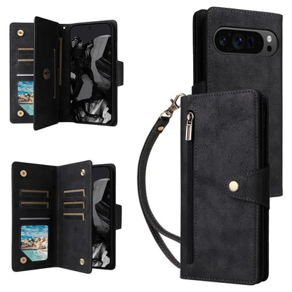 For Google Pixel 9 Pro Case Zipper Wallet Leather Stand Phone Cover Rivet Decor