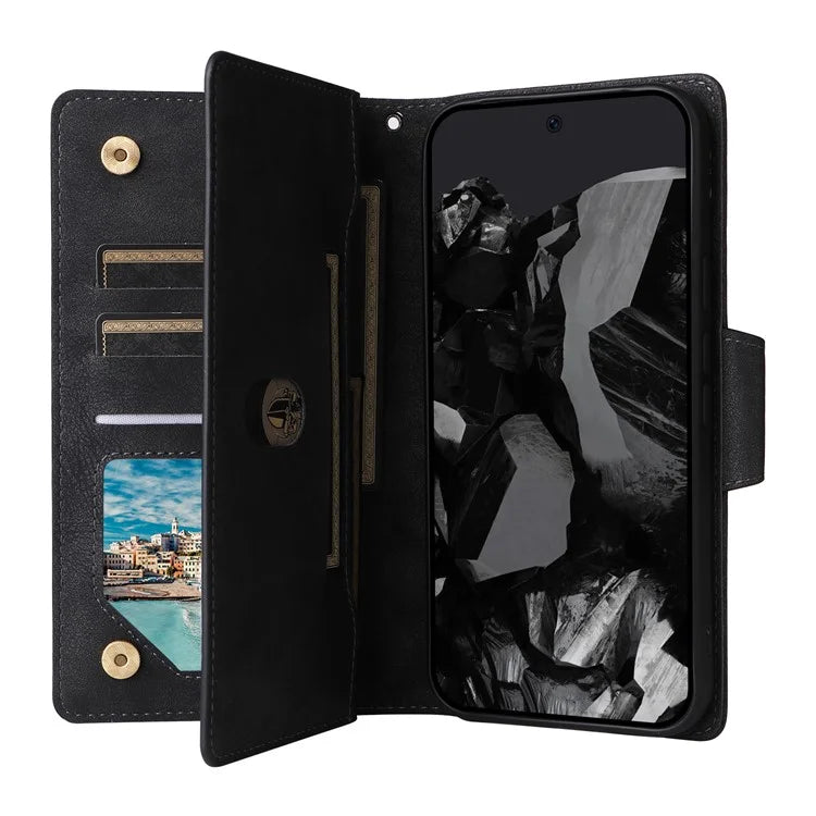 For Google Pixel 9 Pro Case Zipper Wallet Leather Stand Phone Cover Rivet Decor
