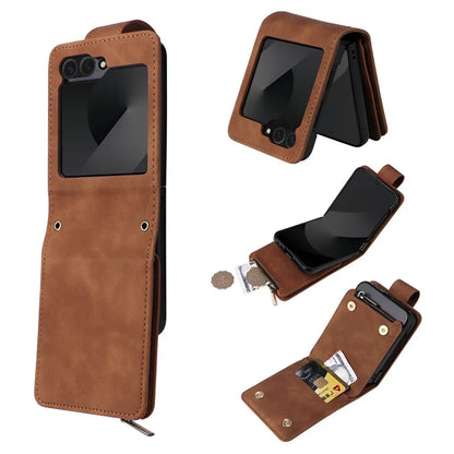 For Samsung Galaxy Z Flip6 5G Leather Case Zipper Wallet Phone Cover with Shoulder Strap