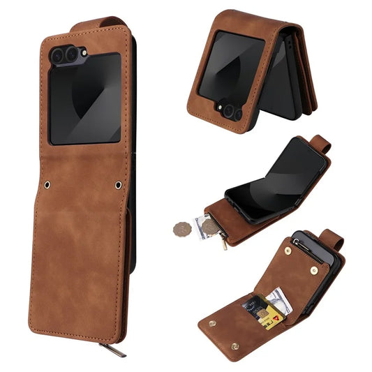 For Samsung Galaxy Z Flip6 5G Leather Case Zipper Wallet Phone Cover with Shoulder Strap