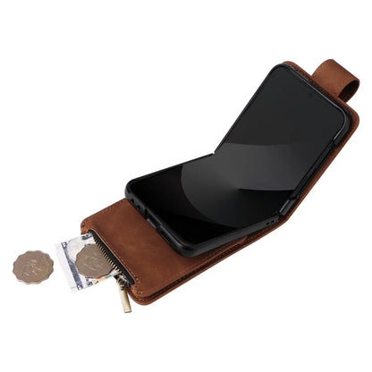 For Samsung Galaxy Z Flip6 5G Leather Case Zipper Wallet Phone Cover with Shoulder Strap
