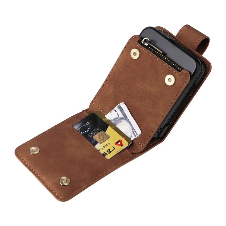For Samsung Galaxy Z Flip6 5G Leather Case Zipper Wallet Phone Cover with Shoulder Strap