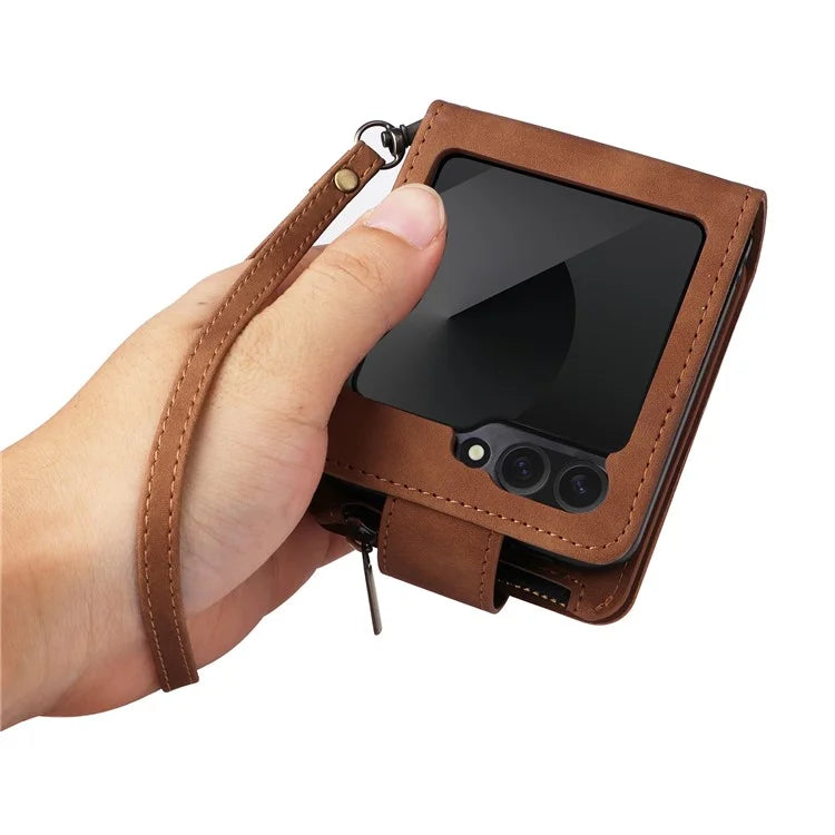For Samsung Galaxy Z Flip6 5G Leather Case Zipper Wallet Phone Cover with Shoulder Strap
