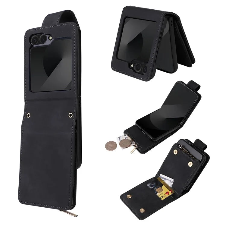 For Samsung Galaxy Z Flip6 5G Leather Case Zipper Wallet Phone Cover with Shoulder Strap