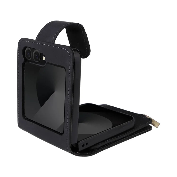 For Samsung Galaxy Z Flip6 5G Leather Case Zipper Wallet Phone Cover with Shoulder Strap