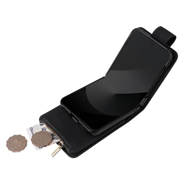 For Samsung Galaxy Z Flip6 5G Leather Case Zipper Wallet Phone Cover with Shoulder Strap