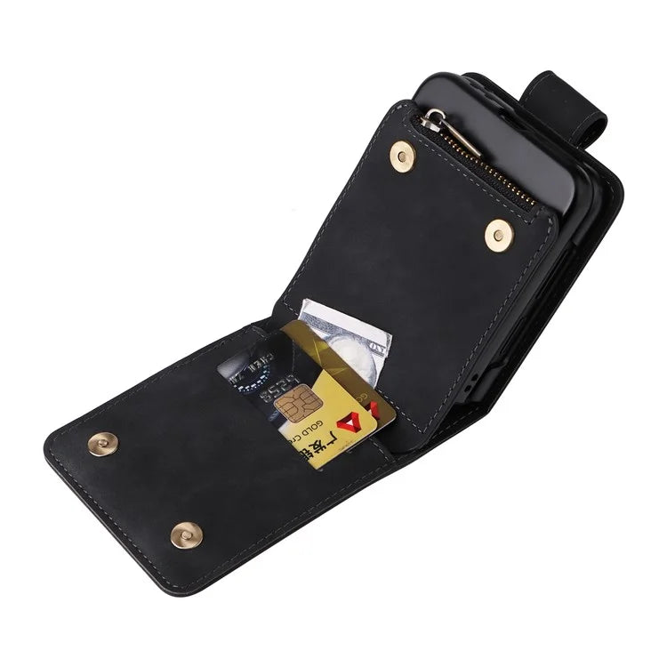 For Samsung Galaxy Z Flip6 5G Leather Case Zipper Wallet Phone Cover with Shoulder Strap