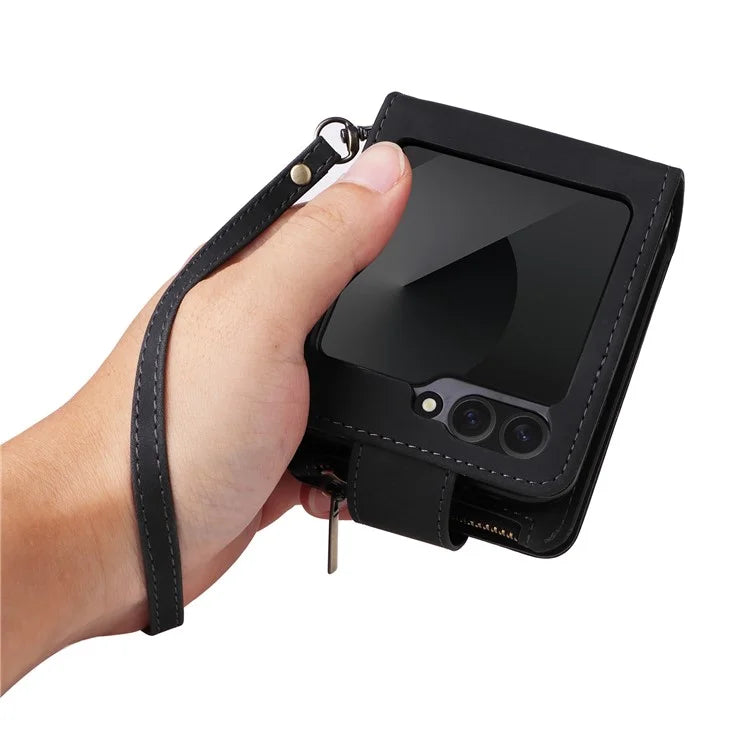 For Samsung Galaxy Z Flip6 5G Leather Case Zipper Wallet Phone Cover with Shoulder Strap